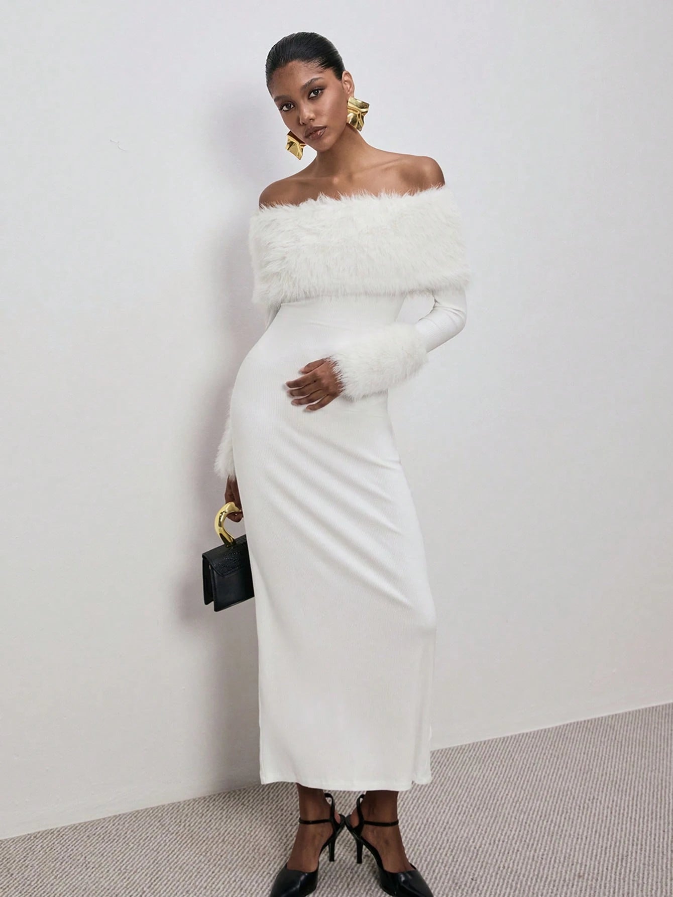 SHEIN ATUI Studio Women's Elegant Formal White Autumn Fitted Fluffy Splice Off-Shoulder Long Sleeve Maxi Dress