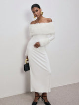 SHEIN ATUI Studio Women's Elegant Formal White Autumn Fitted Fluffy Splice Off-Shoulder Long Sleeve Maxi Dress