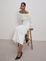 SHEIN ATUI Studio Women's Elegant Formal White Autumn Fitted Fluffy Splice Off-Shoulder Long Sleeve Maxi Dress