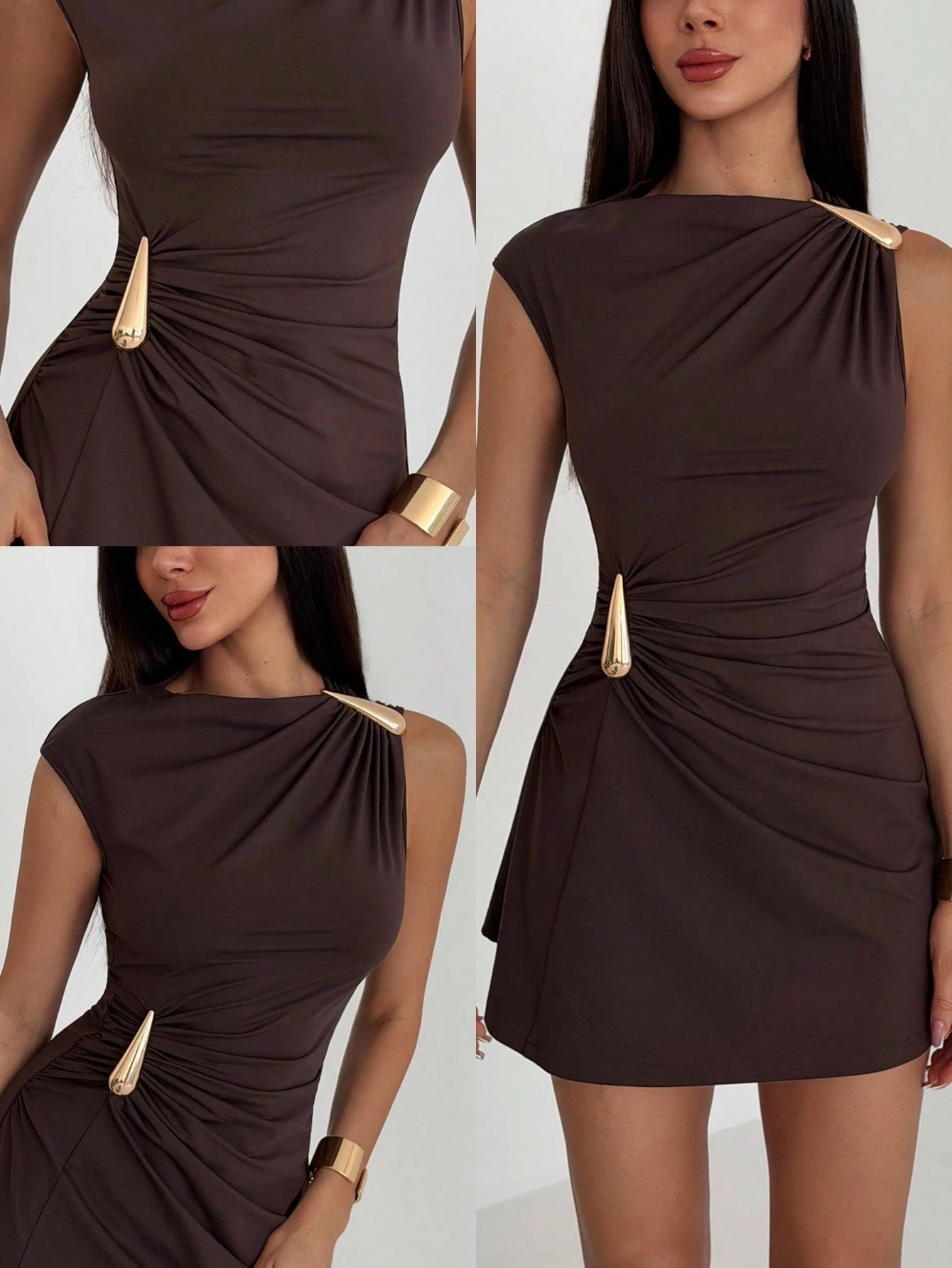 Brown dress with gold accents worn by a model on a white background