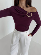 Aloruh Plum Purple Asymmetric-Shaped Coat Women's Autumn/Winter Metallic Decor Oblique Shoulder Fitted T-Shirt 