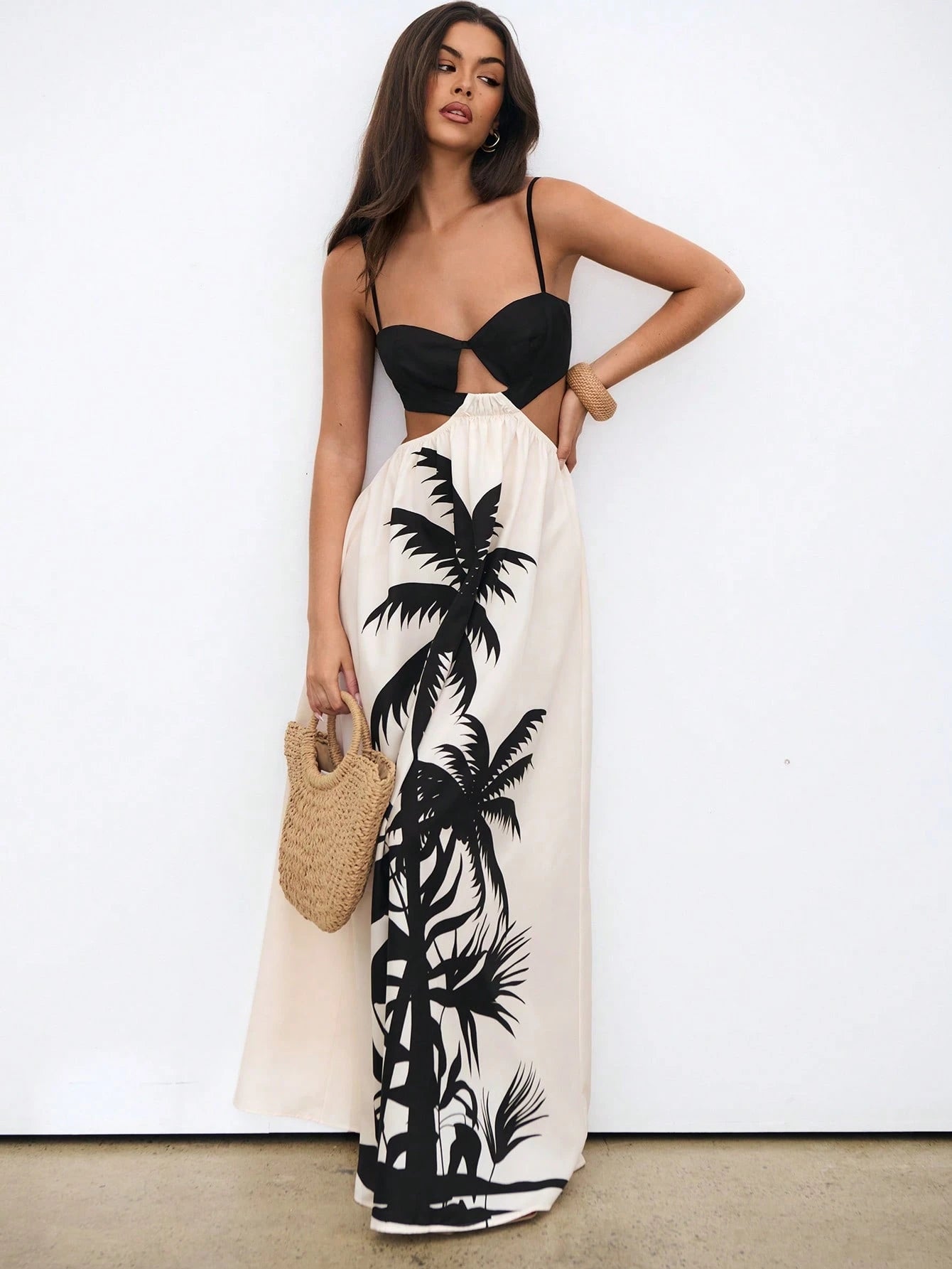 Aloruh Women Maxi Dress Bohemian Holiday Coconut Tree Printed Color Block Backless Dress