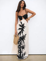 Aloruh Women Maxi Dress Bohemian Holiday Coconut Tree Printed Color Block Backless Dress