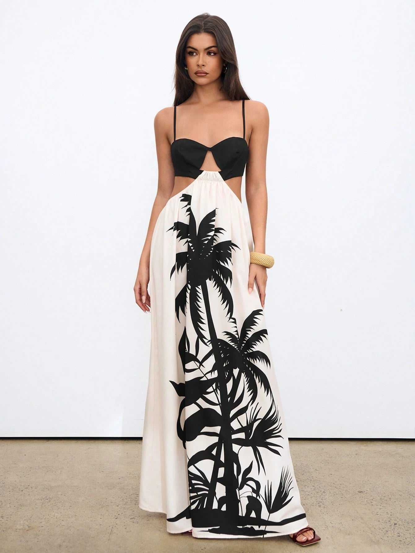 SHEIN Aloruh Women Maxi Dress Bohemian Holiday Coconut Tree Printed Color Block Backless Dress