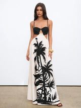 SHEIN Aloruh Women Maxi Dress Bohemian Holiday Coconut Tree Printed Color Block Backless Dress