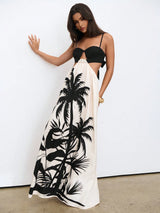 SHEIN Aloruh Women Maxi Dress Bohemian Holiday Coconut Tree Printed Color Block Backless Dress