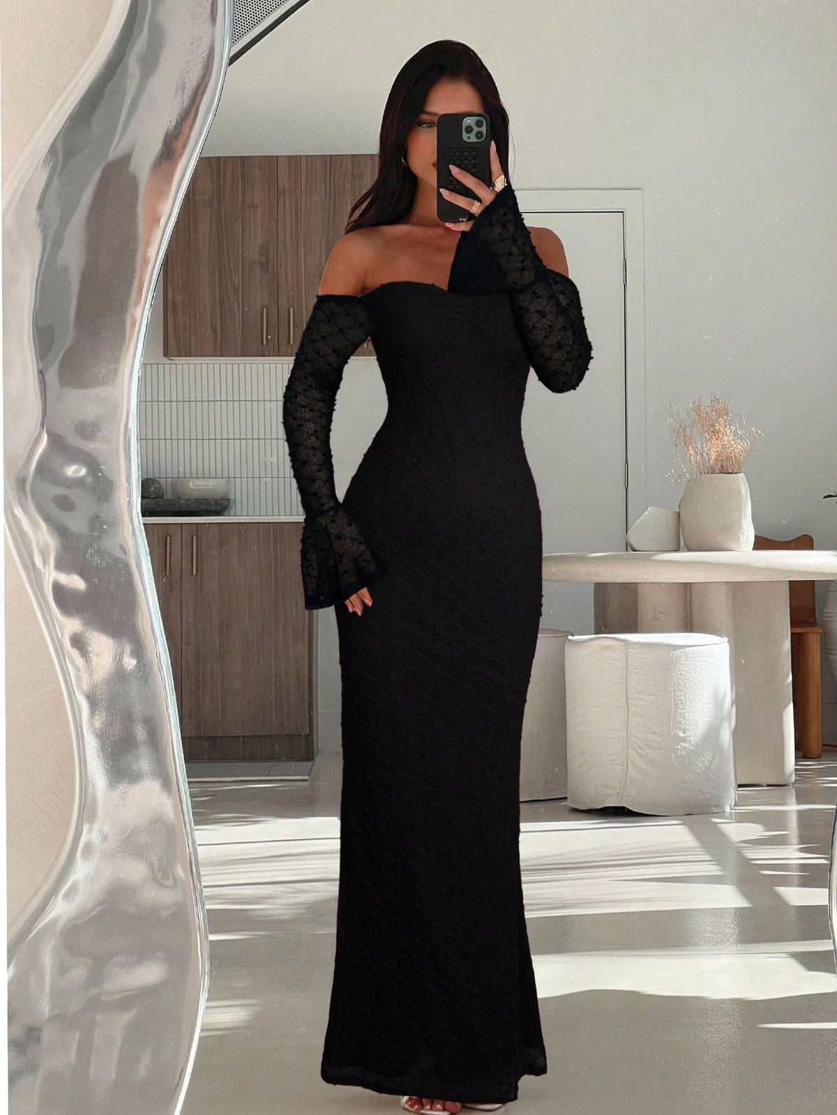 Aloruh Women's Black Autumn Elegant Dining Faux Fur Textured Knit Bustier Long Sleeve Bodycon Maxi Fishtail Dress