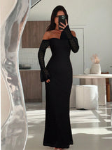 Aloruh Women's Black Autumn Elegant Dining Faux Fur Textured Knit Bustier Long Sleeve Bodycon Maxi Fishtail Dress