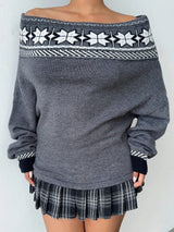 SHEIN Aloruh Women's Elegant Grey Autumn Sweater,Fair Isle Pattern Christmas Off-Shoulder Puff Sleeve Pullover