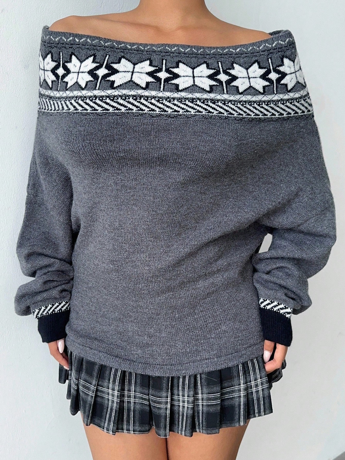 SHEIN Aloruh Women's Elegant Grey Autumn Sweater,Fair Isle Pattern Christmas Off-Shoulder Puff Sleeve Pullover