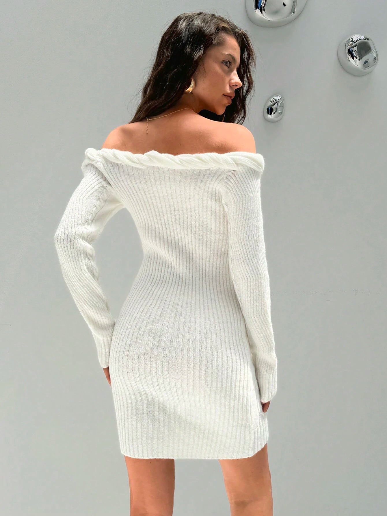 SHEIN Aloruh Women's Elegant Sexy White Off Shoulder Long Sleeve Fitted Sweater Dress