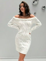 SHEIN Aloruh Women's Elegant Sexy White Off Shoulder Long Sleeve Fitted Sweater Dress