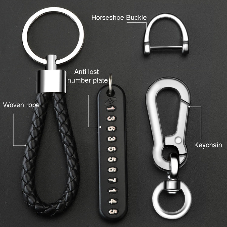 Keychain set with woven rope, horseshoe buckle, anti-lost number plate, and keychain on a black background.