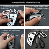 Step-by-step guide on installing a horseshoe buckle on car keys with a screwdriver.