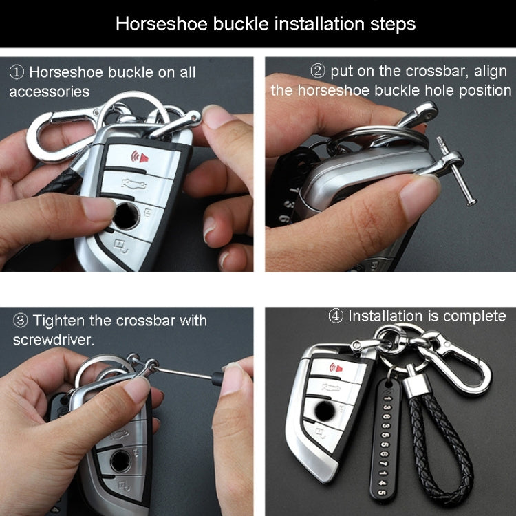 Step-by-step guide on installing a horseshoe buckle on car keys with a screwdriver.