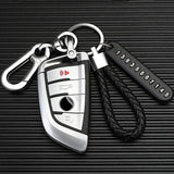 Car key fob with leather strap and carabiner on a textured black background