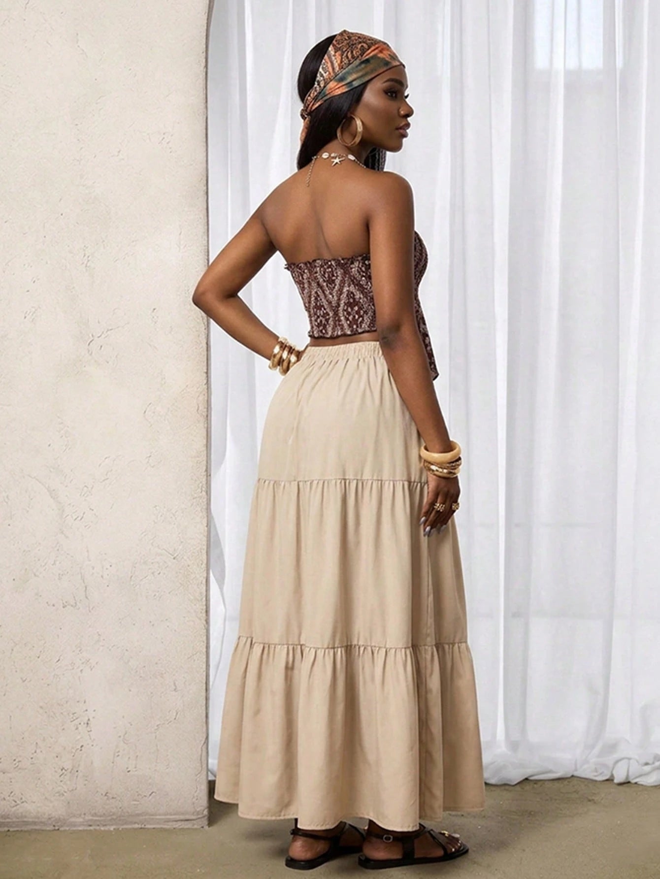 SHEIN BamGleam Beige Summer Boho Vacation Holiday Paisley Print Strapless Crop Top With Asymmetrical Hem And Elastic Waist Loose Skirt 2 Pieces
