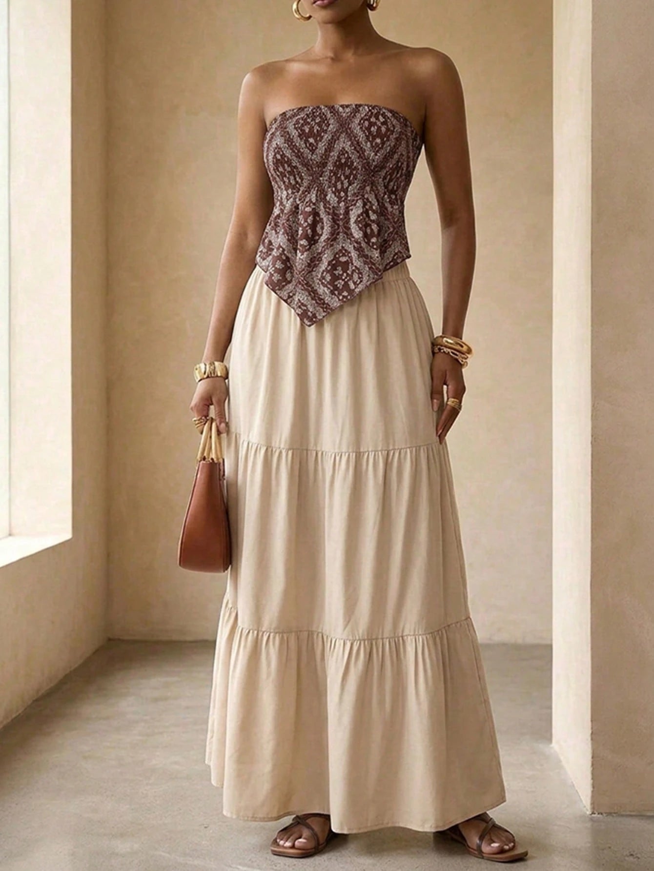 SHEIN BamGleam Beige Summer Boho Vacation Holiday Paisley Print Strapless Crop Top With Asymmetrical Hem And Elastic Waist Loose Skirt 2 Pieces