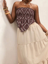 SHEIN BamGleam Beige Summer Boho Vacation Holiday Paisley Print Strapless Crop Top With Asymmetrical Hem And Elastic Waist Loose Skirt 2 Pieces