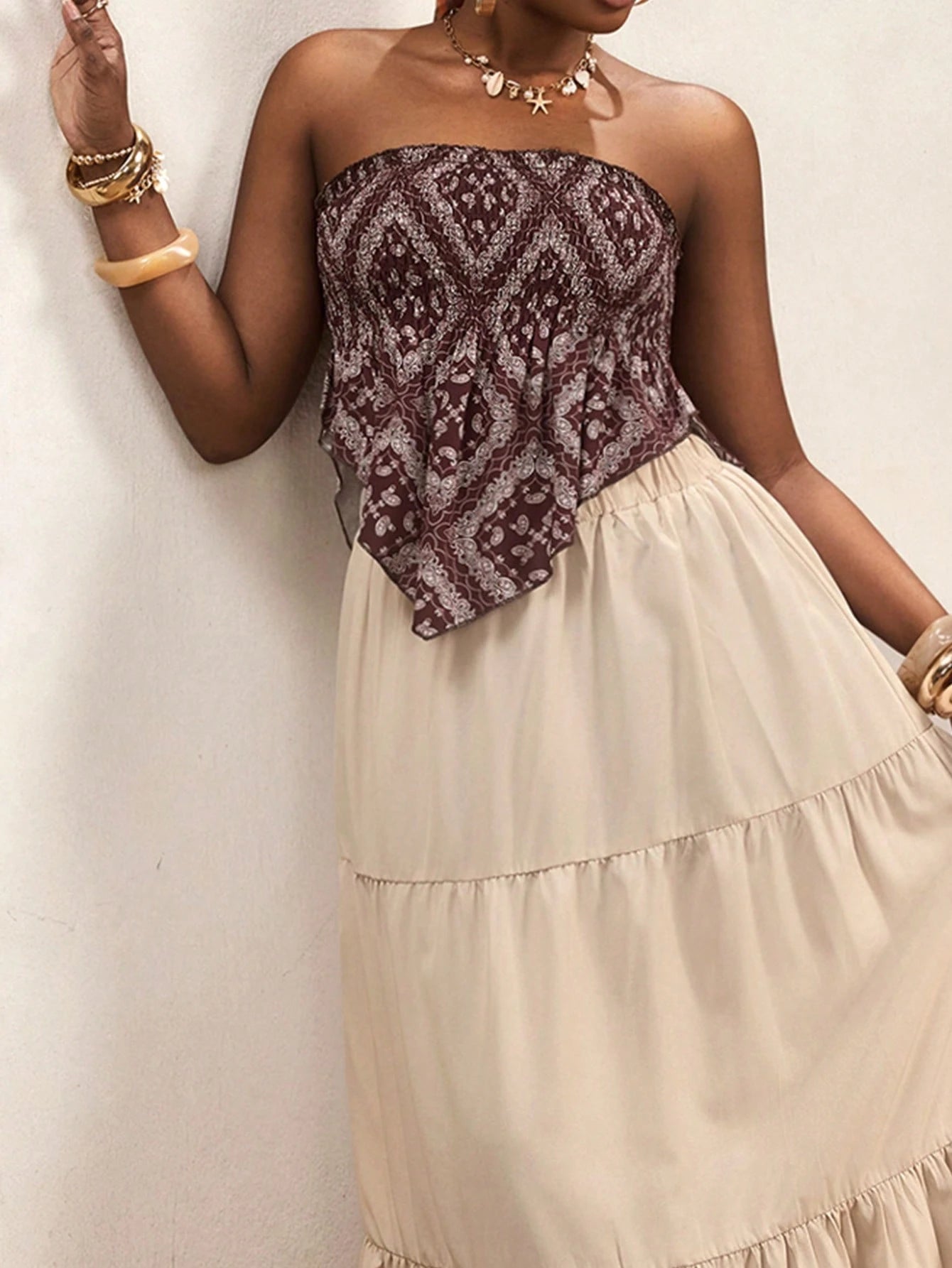 SHEIN BamGleam Beige Summer Boho Vacation Holiday Paisley Print Strapless Crop Top With Asymmetrical Hem And Elastic Waist Loose Skirt 2 Pieces