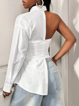 بلوزة SHEIN BamGleam العصرية ذات اللون الموحد والتصميم غير المتماثل A3A