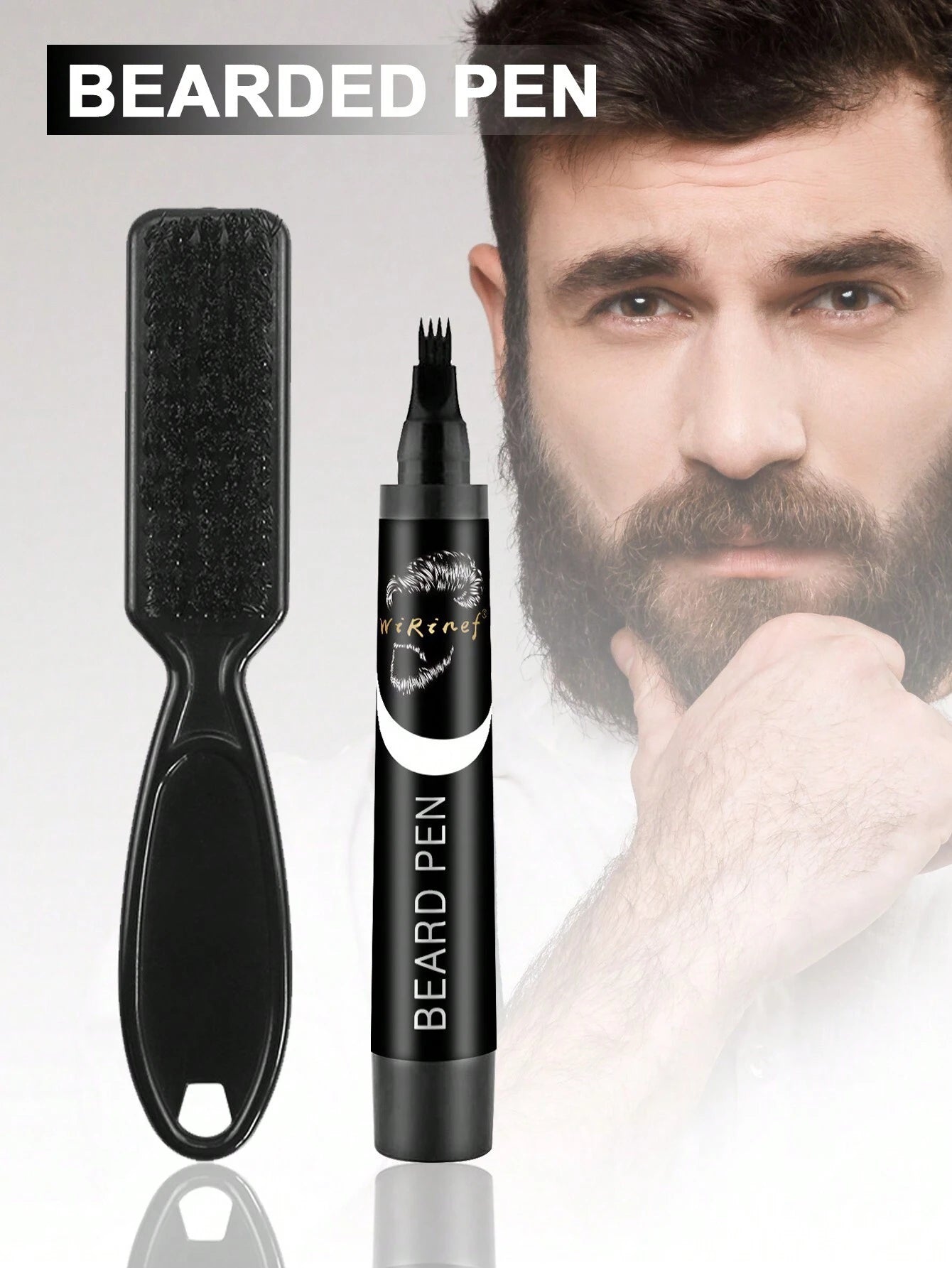 Beard pen and beard brush shown on a light gray background with a faded portrait of a bearded man behind them. Text at the top reads 'BEARDED PEN'.