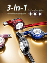 A promotional graphic for a 3-in-1 retractable charging cord set, showing several USB-C to USB-A style retractable chargers in red, blue, black, and pink, with text reading '3-in-1' and 'Retractable Charging Cord' on a metallic gold background.