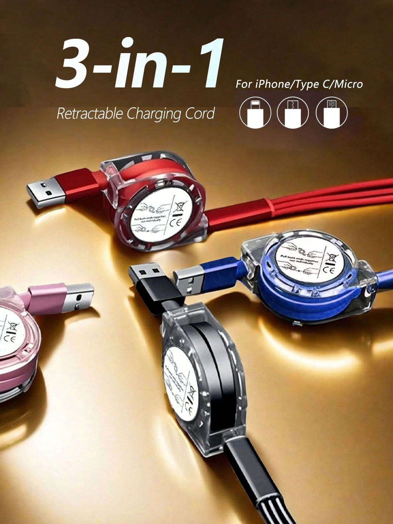 A promotional graphic for a 3-in-1 retractable charging cord set, showing several USB-C to USB-A style retractable chargers in red, blue, black, and pink, with text reading '3-in-1' and 'Retractable Charging Cord' on a metallic gold background.