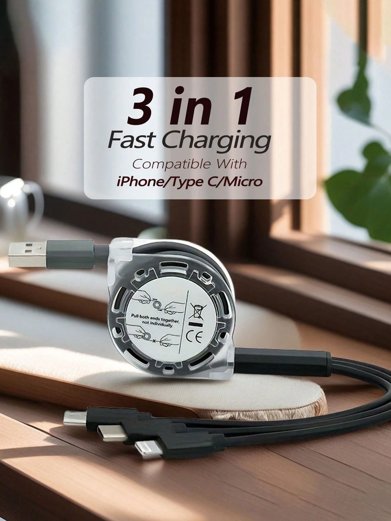 كابل شحن متعدد 3 في 1 من شي إن بن بوم، كابل USB C قابل للسحب، أساسيات السفر، USB A إلى USB