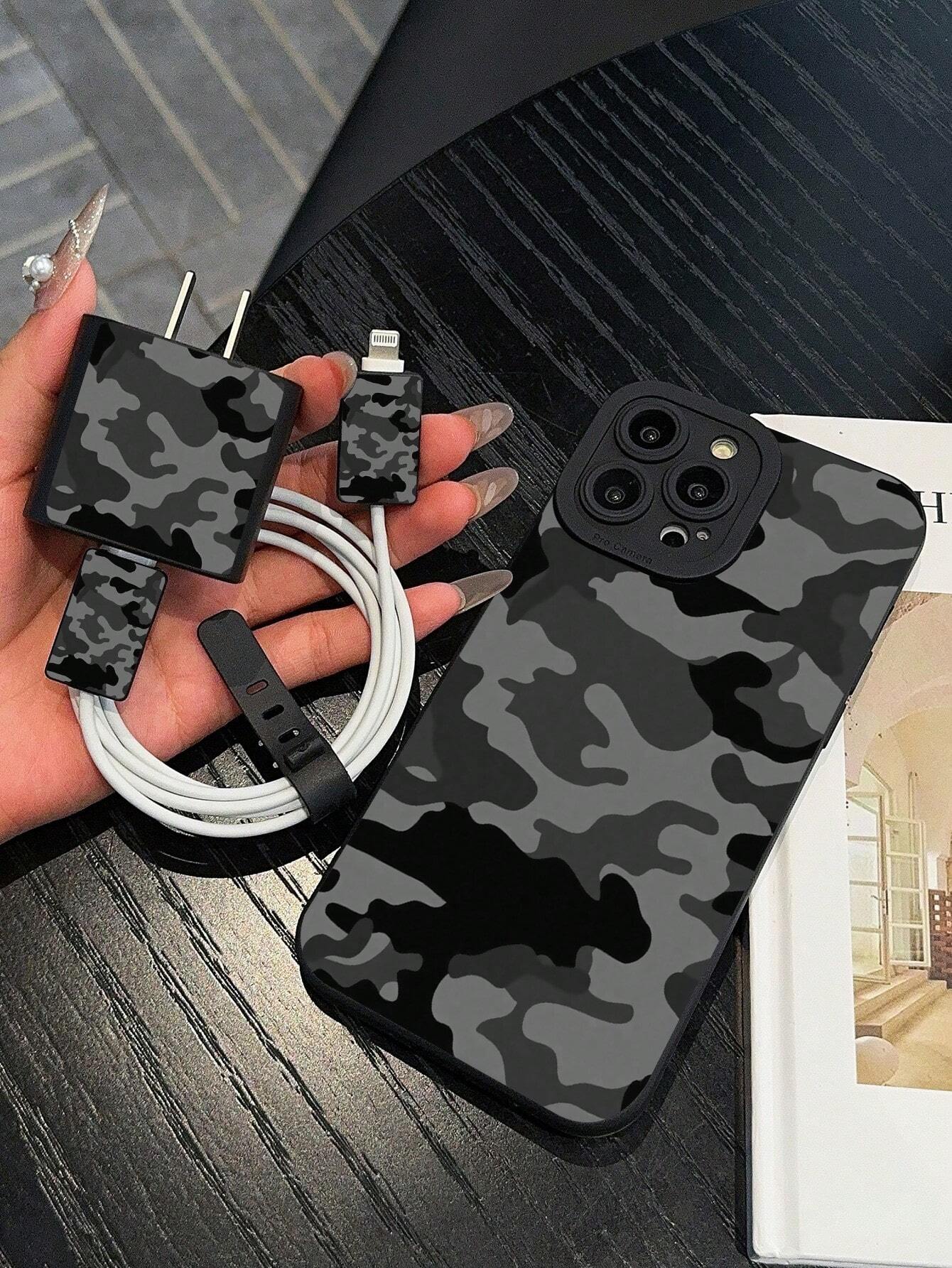 Black & Gray Camouflage IPhone Protective Case + Charger Cable Management Set