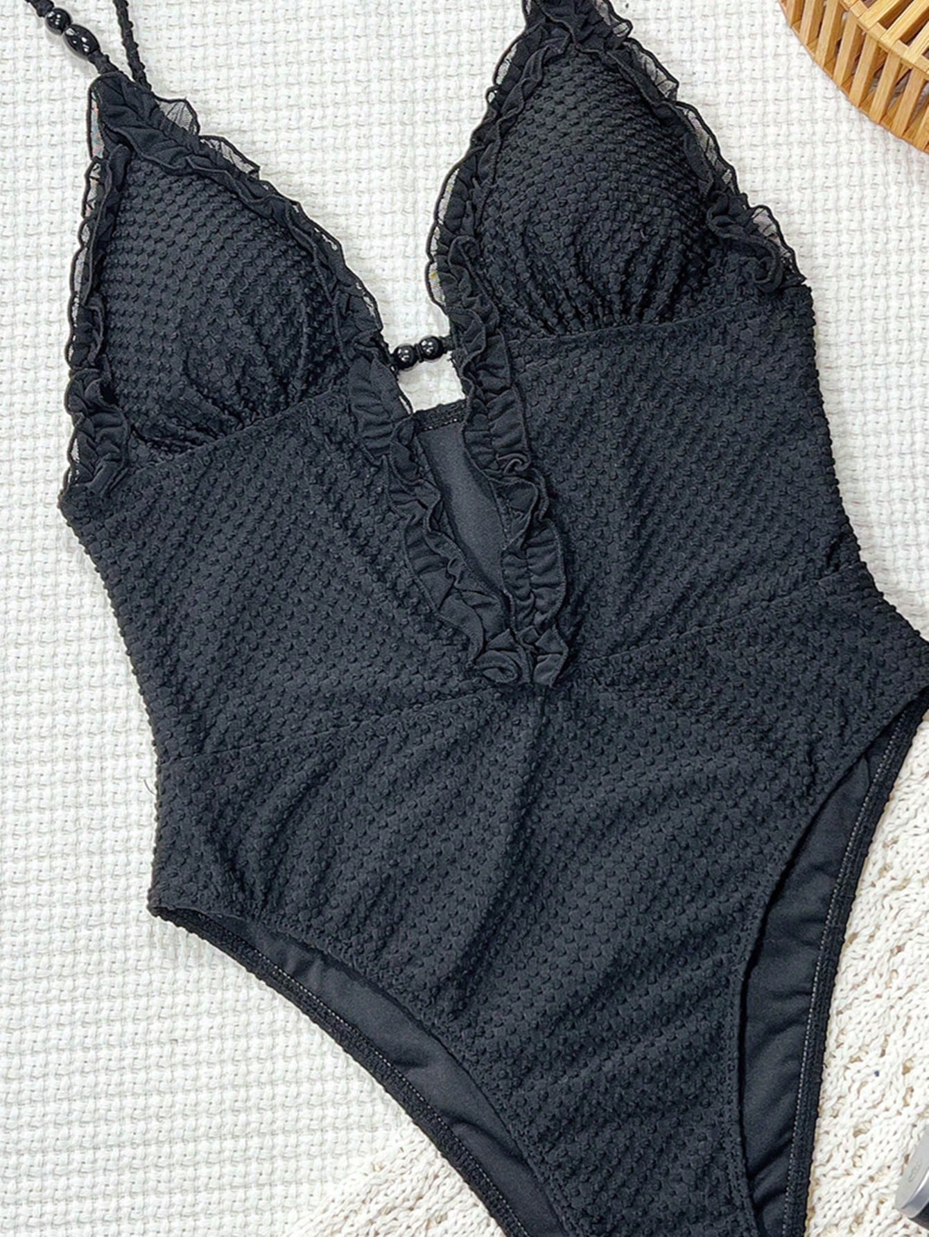 SHEIN Bonvoyette Women's Elegant Black Jacquard One-Piece Swimsuit