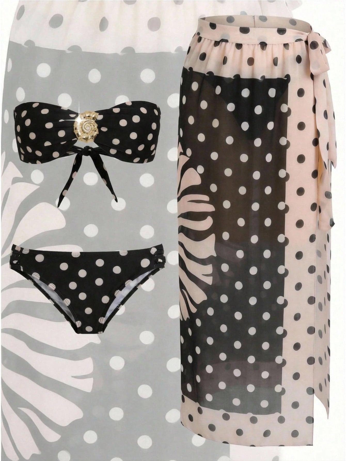 SHEIN Bonvoyette Women's Summer Beach Polka Dot Print Bandeau Sexy Bikini Set With Cover-Up