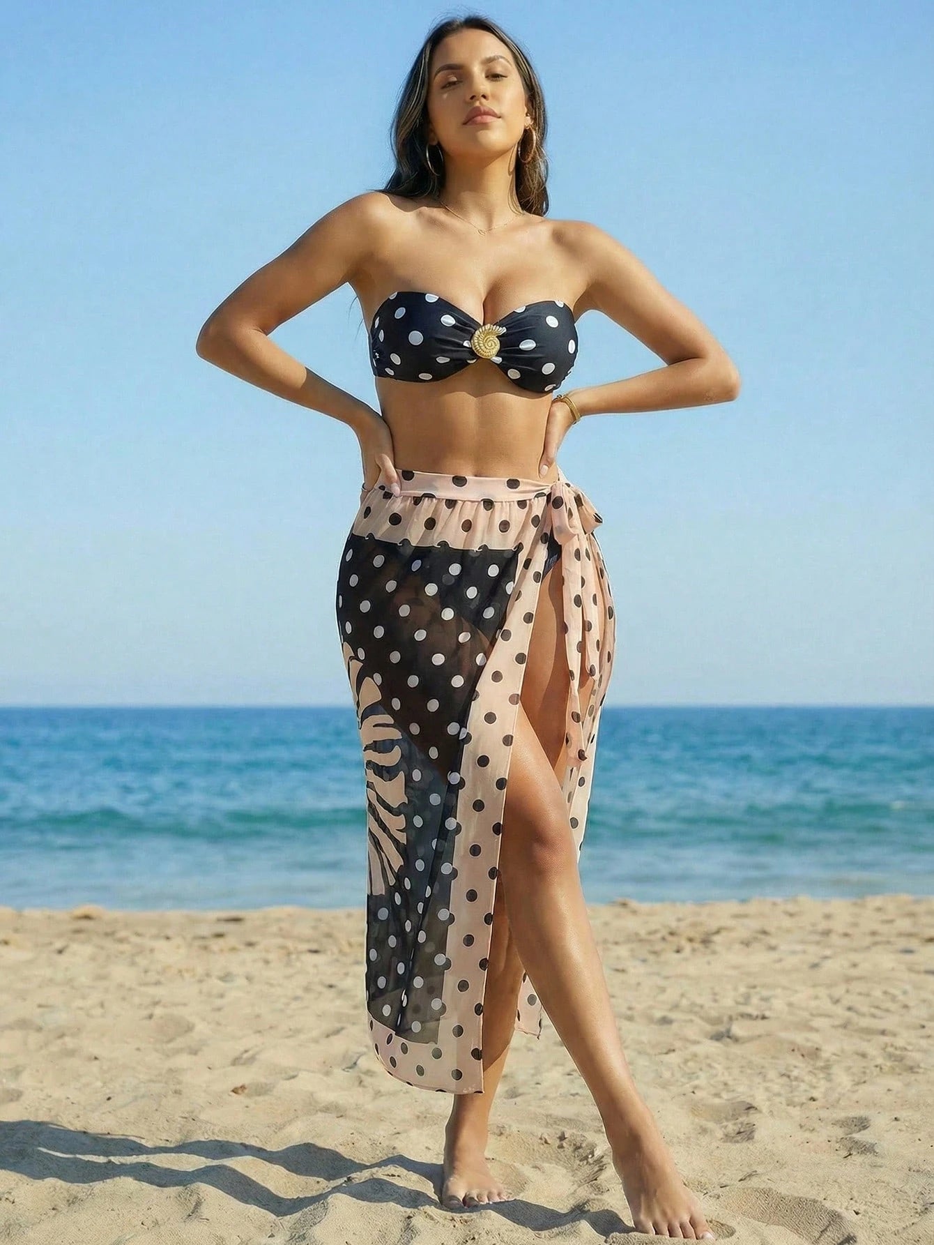 SHEIN Bonvoyette Women's Summer Beach Polka Dot Print Bandeau Sexy Bikini Set With Cover-Up
