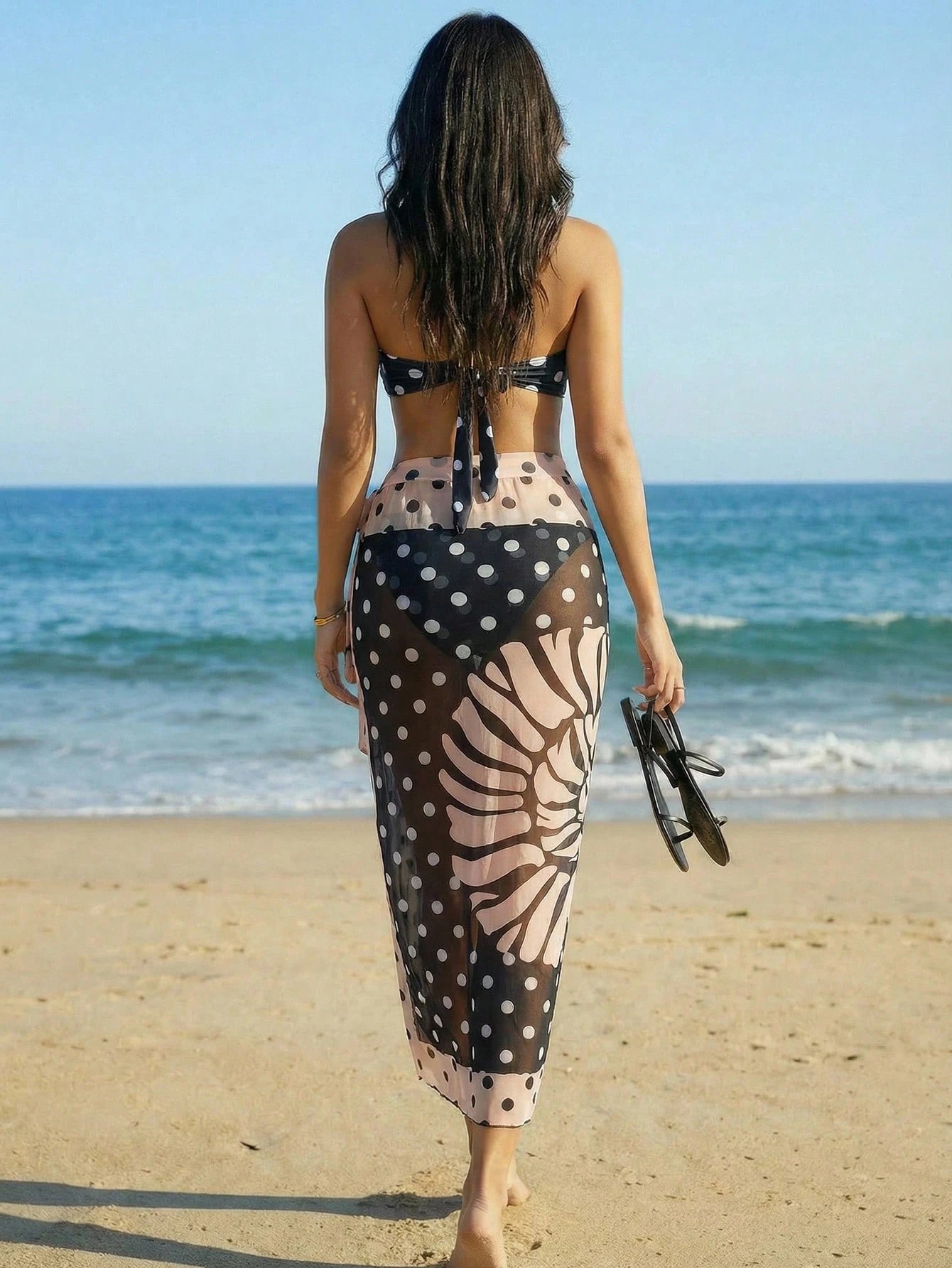 SHEIN Bonvoyette Women's Summer Beach Polka Dot Print Bandeau Sexy Bikini Set With Cover-Up
