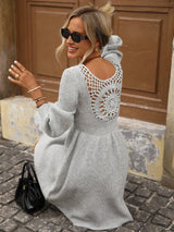 Brillora Women's Elegant Gray Autumn Knitted Dress,Casual Vacation Coarse Linen Floral