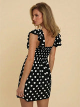 SHEIN COSMINA Women's Black And White Polka Dot Polka Dot Twist Ruffle Hem Mini Dress