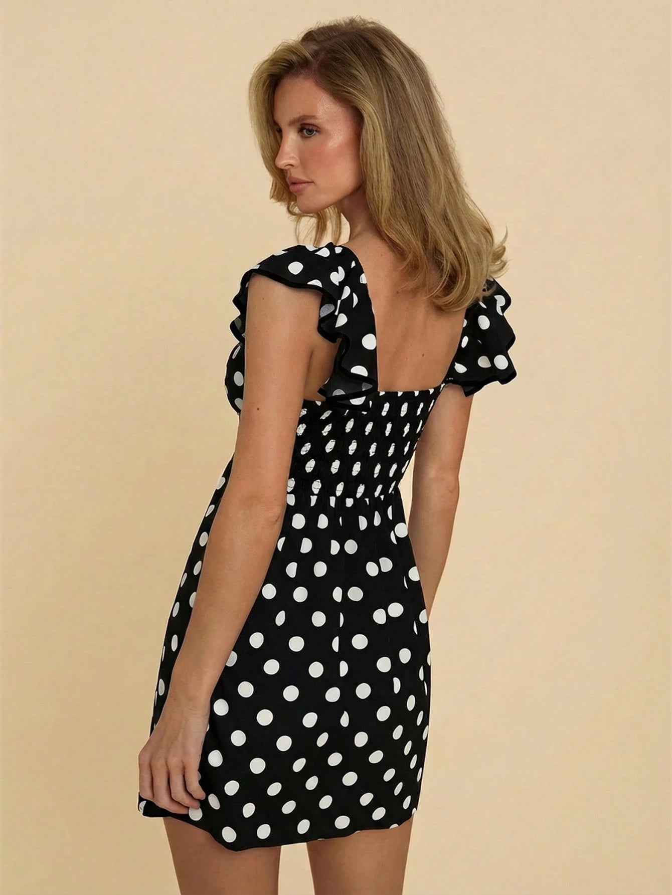 SHEIN COSMINA Women's Black And White Polka Dot Polka Dot Twist Ruffle Hem Mini Dress