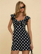SHEIN COSMINA Women's Black And White Polka Dot Polka Dot Twist Ruffle Hem Mini Dress