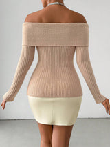 Chiquease Women's Off Shoulder Button Sweater Knit Pullover