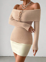 Chiquease Women's Off Shoulder Button Sweater Knit Pullover