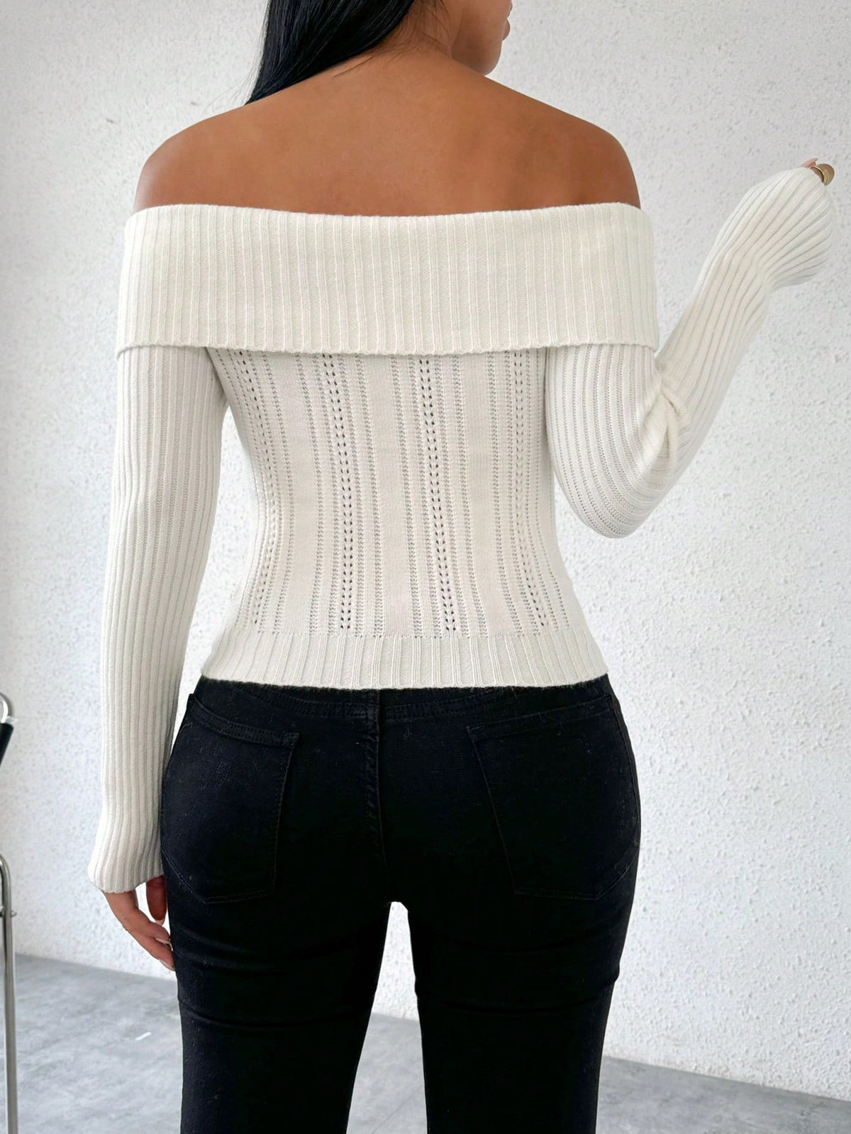SHEIN Chiquease Women's Off-Shoulder 3D Flower Knitted Pullover Sweater