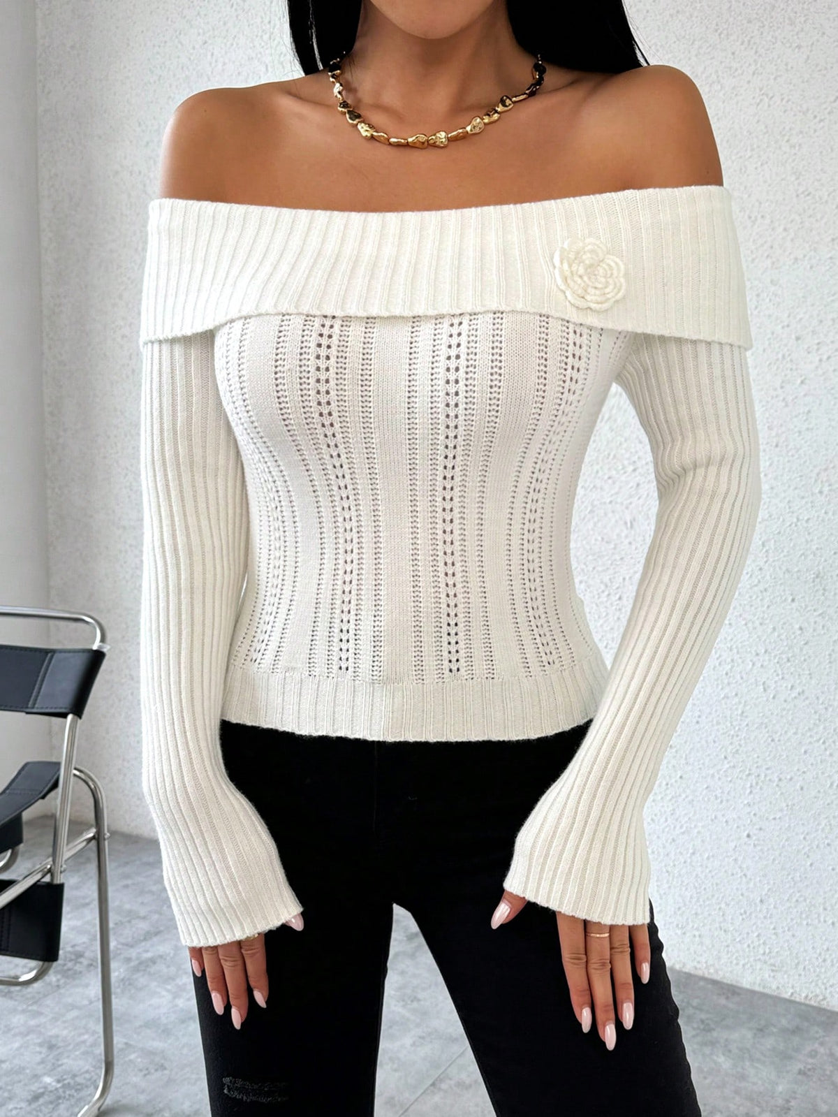 SHEIN Chiquease Women's Off-Shoulder 3D Flower Knitted Pullover Sweater