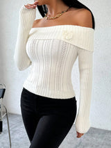 SHEIN Chiquease Women's Off-Shoulder 3D Flower Knitted Pullover Sweater