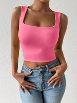 SHEIN Chiquease Women's Solid Color Cropped Slim Fit Casual Pink Square Neck Tank Top