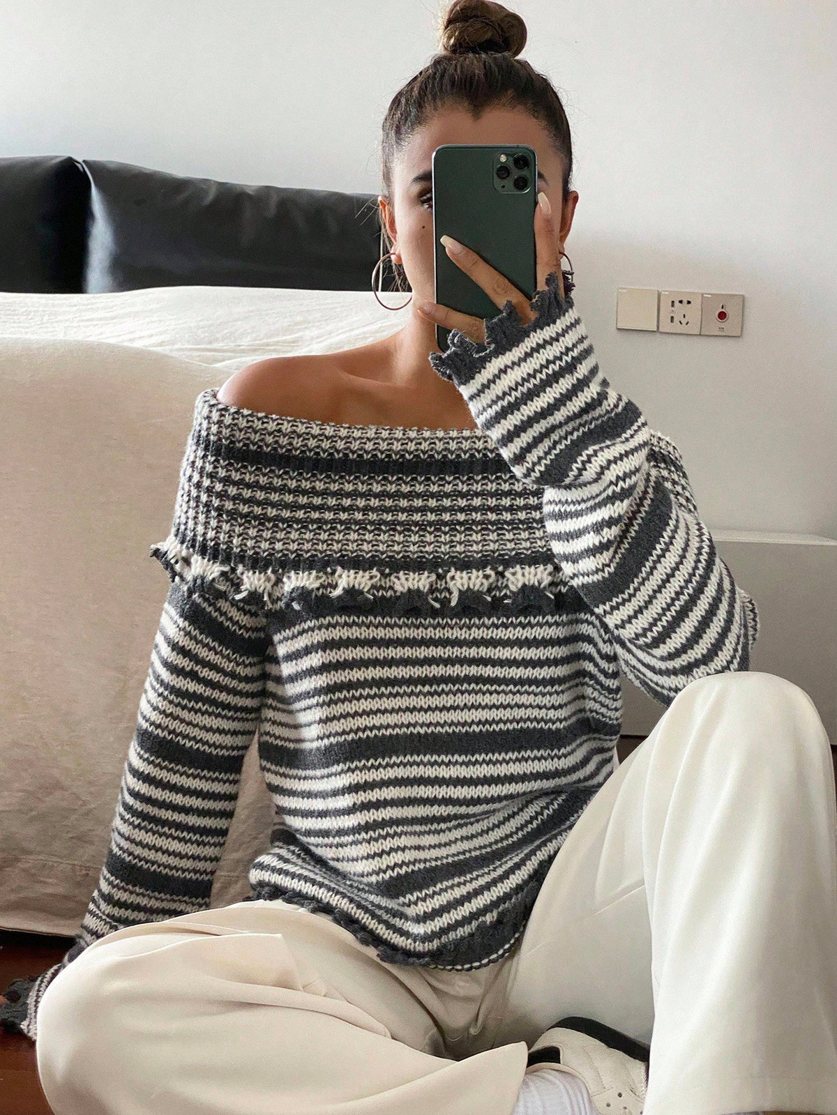 DAZY Black & White Contrast Striped Long Sleeve Fitted Off Shoulder Casual Elegant Knit Sweater