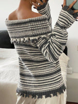 SHEIN DAZY Black & White Contrast Striped Long Sleeve Fitted Off Shoulder Casual Elegant Knit Sweater