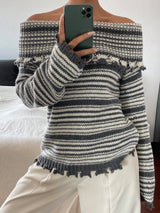 SHEIN DAZY Black & White Contrast Striped Long Sleeve Fitted Off Shoulder Casual Elegant Knit Sweater
