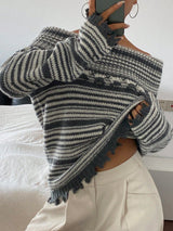 SHEIN DAZY Black & White Contrast Striped Long Sleeve Fitted Off Shoulder Casual Elegant Knit Sweater