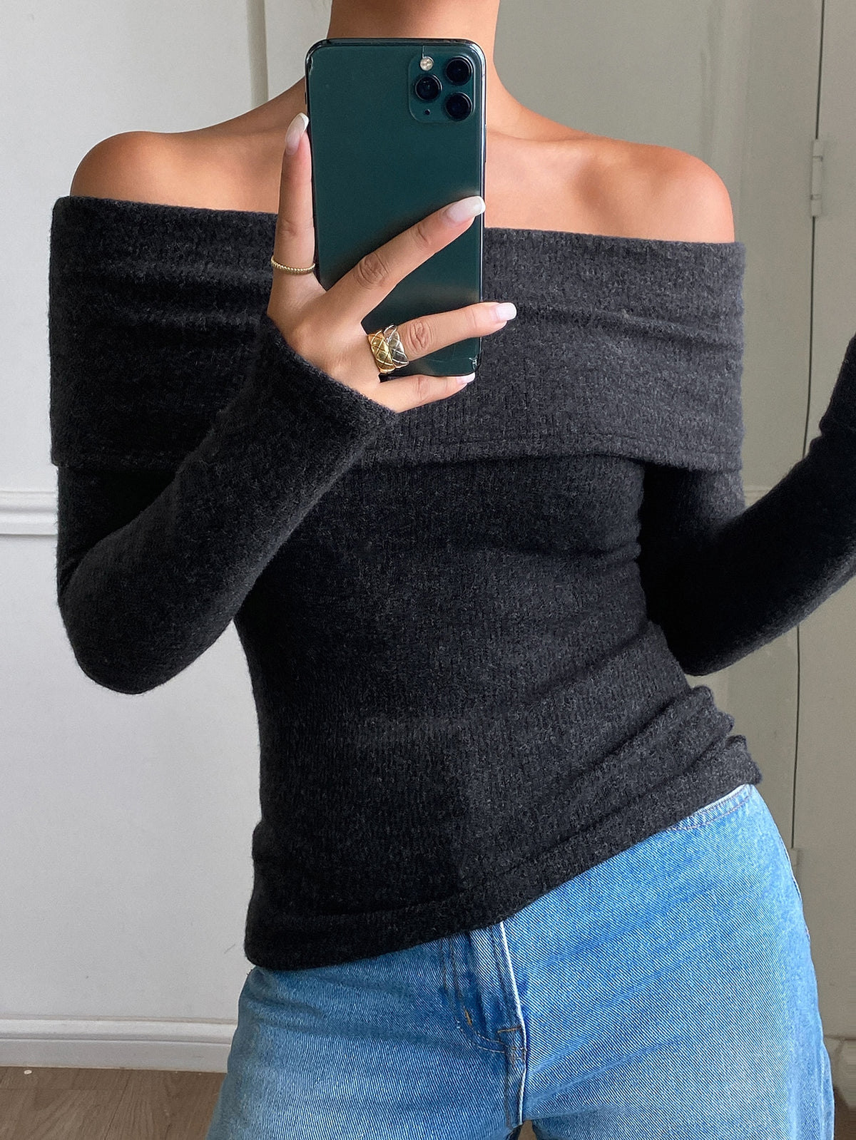 SHEIN DAZY Solid Color Fitted Square Neck Long Sleeve Elegant Casual Vacation Sexy Spring Autumn Knit Sweater