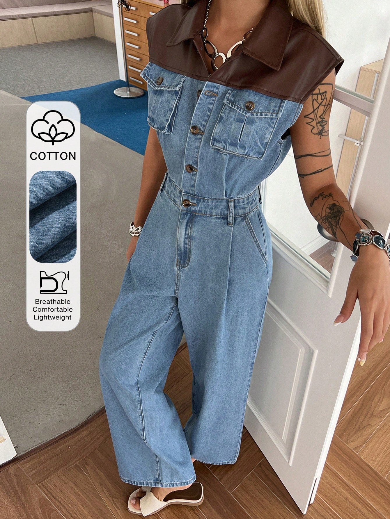 A woman models a light blue denim wide-leg jumpsuit with a brown faux-leather collar. The image includes a vertical text and image overlay on the left detailing fabric features ('COTTON', 'BREATHABLE', 'COMFORTABLE', 'LIGHTWEIGHT').